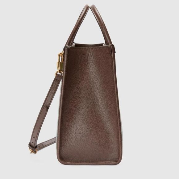 Gucci Tote Bag Beige Ebony Brown Tiger Flower Print GG Supreme Canvas Leather - Picture 4 of 7